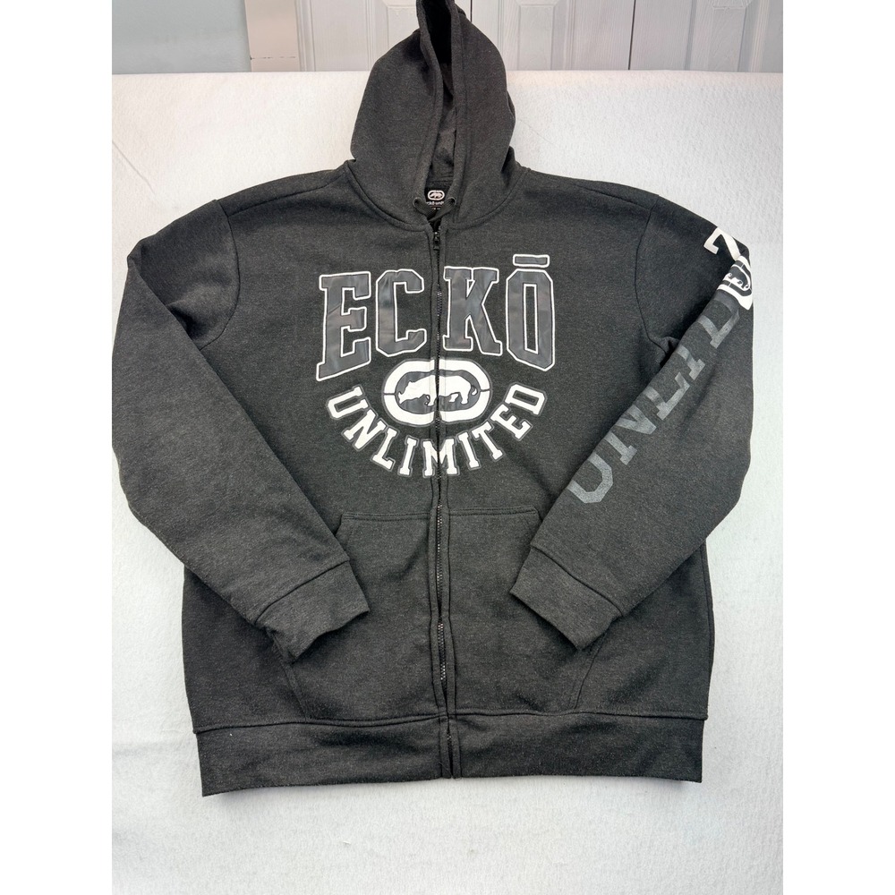 Ecko Unltd Mens XL Full Zip Hoodie Gray Spellout Logo Hip Hop Streetwear